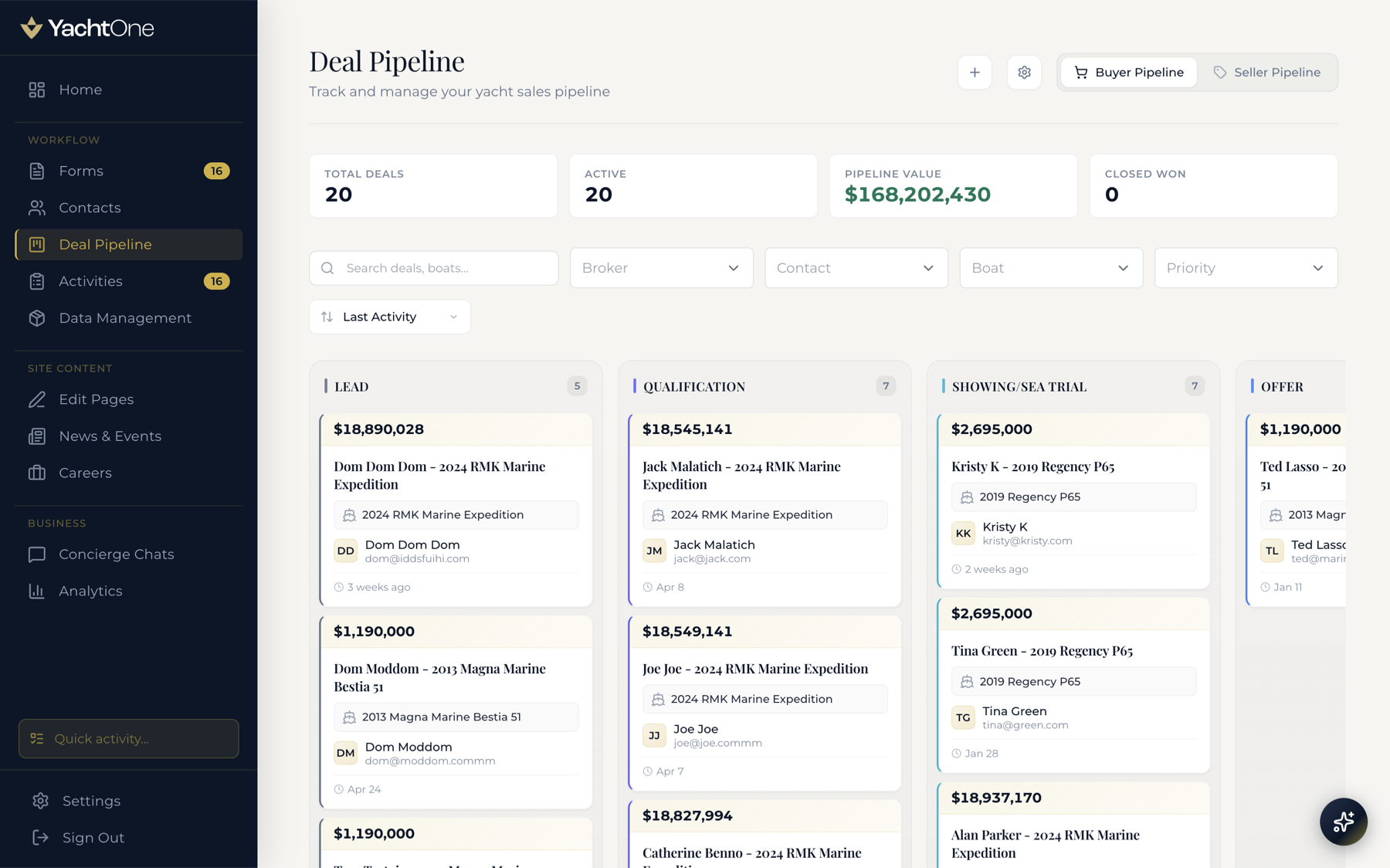 YachtOne CRM deal pipeline with buyer and seller stages
