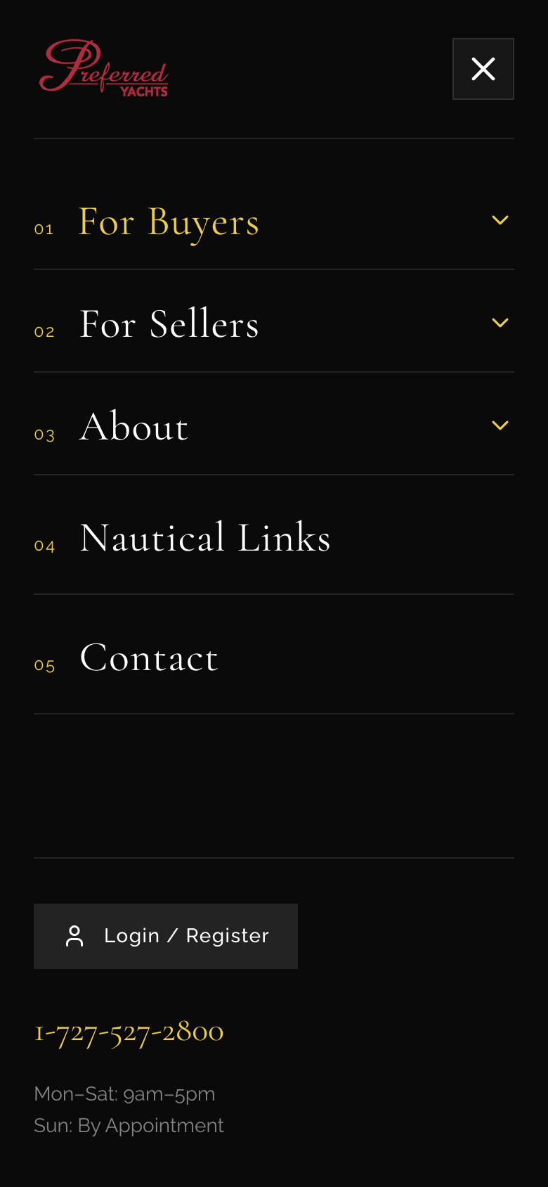 Preferred Yachts website on mobile